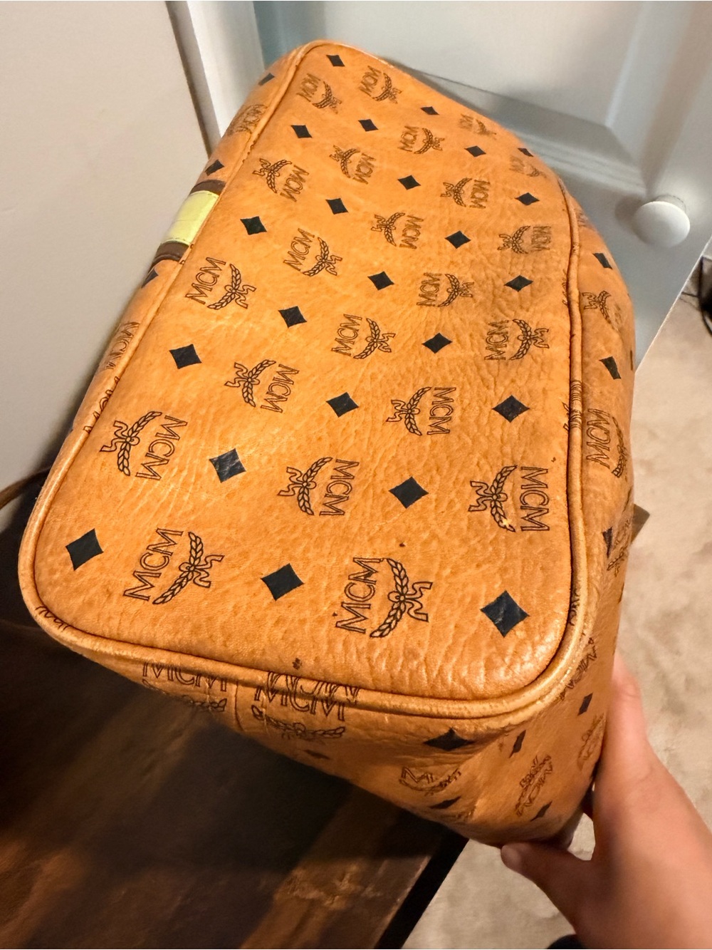 MCM Cognac Monogram Tote with Lime Stripe - Picture 4 of 5